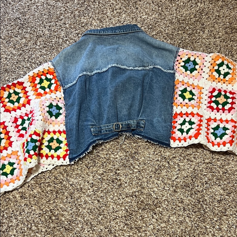 Free People Cropped Denim Jacket with Crochet Multicolor Sleeves - Picture 5 of 5